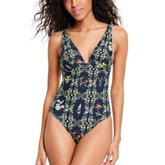 Agua Bendita x Target Navy Blue Floral Tile Cheeky One Piece Swimsuit - Picture 2 of 16